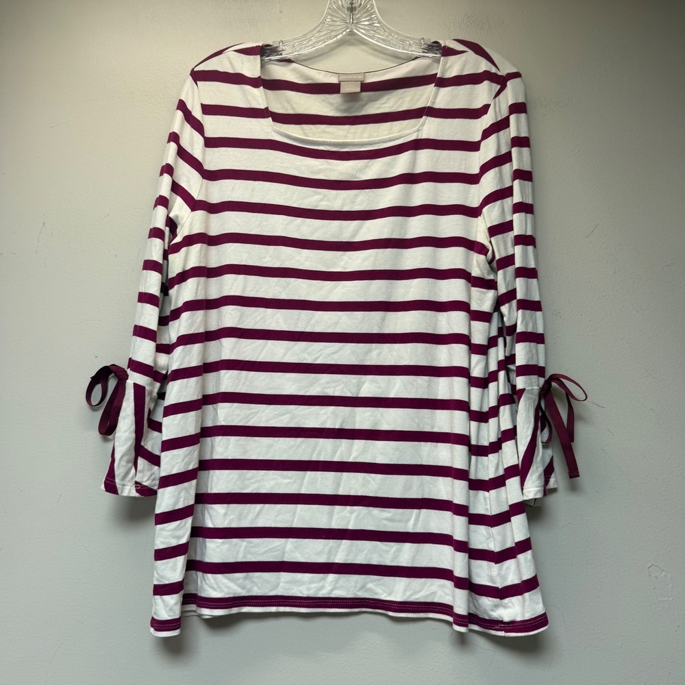 Chico's Striped Top Women 1 M Purple White‎ Excellent Bell Sleeve Ribbon Tie
